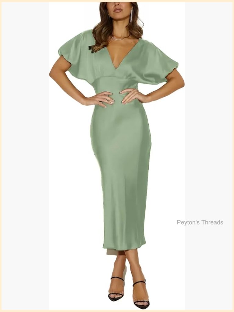 Satin V Neck Puffy Sleeve Empire Waist Midi Dress Tie Back Formal Cocktail